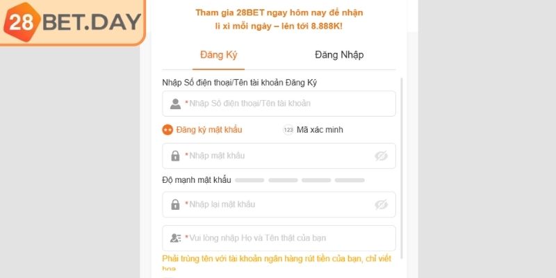 Hoàn thành thông tin yêu cầu khi đăng ký 28bet